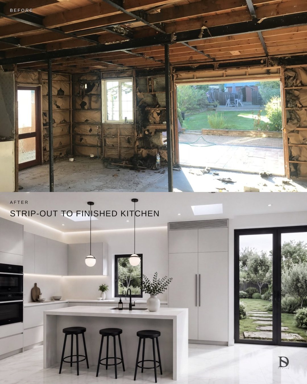 Before and after: a stripped-out ground floor and the finished white kitchen with an island