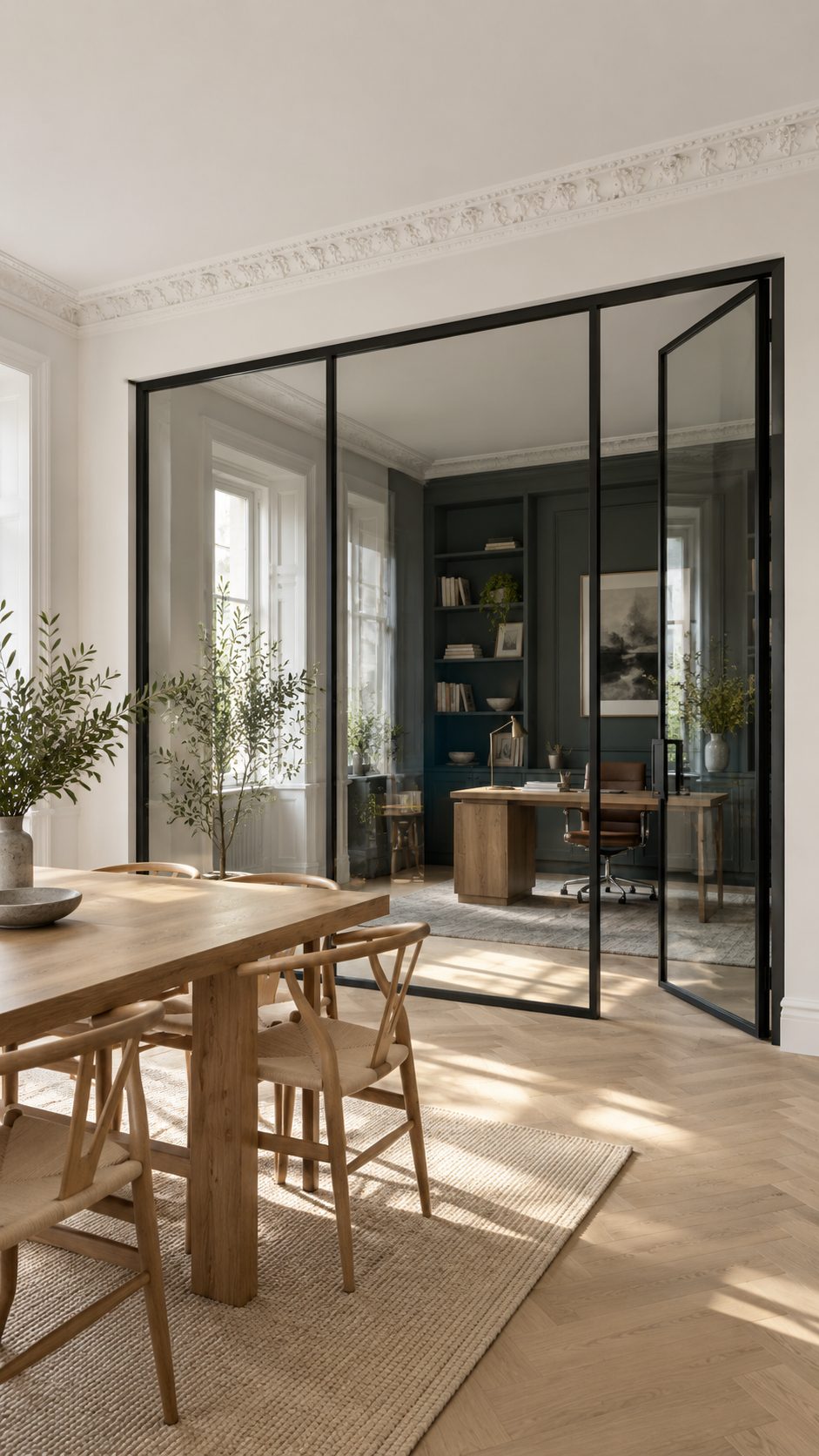 Dining room with a black steel-framed glazed partition opening into a dark green study
