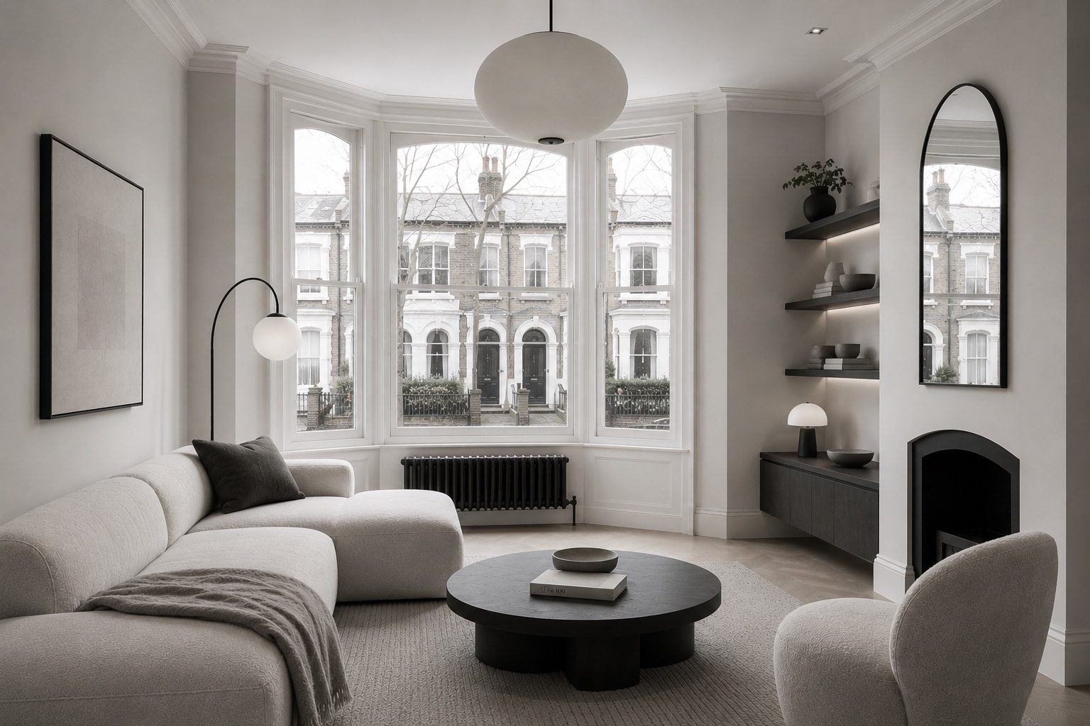 Period London living room with a bay window onto the street, a pale curved sofa and a round black coffee table