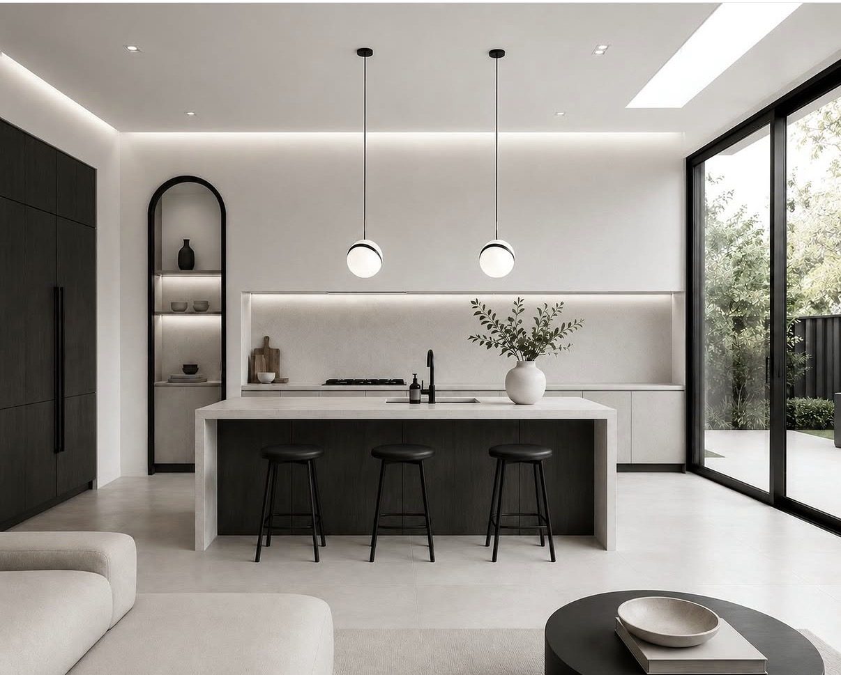 Monochrome kitchen with a dark island, an arched shelf niche and glazing to the garden