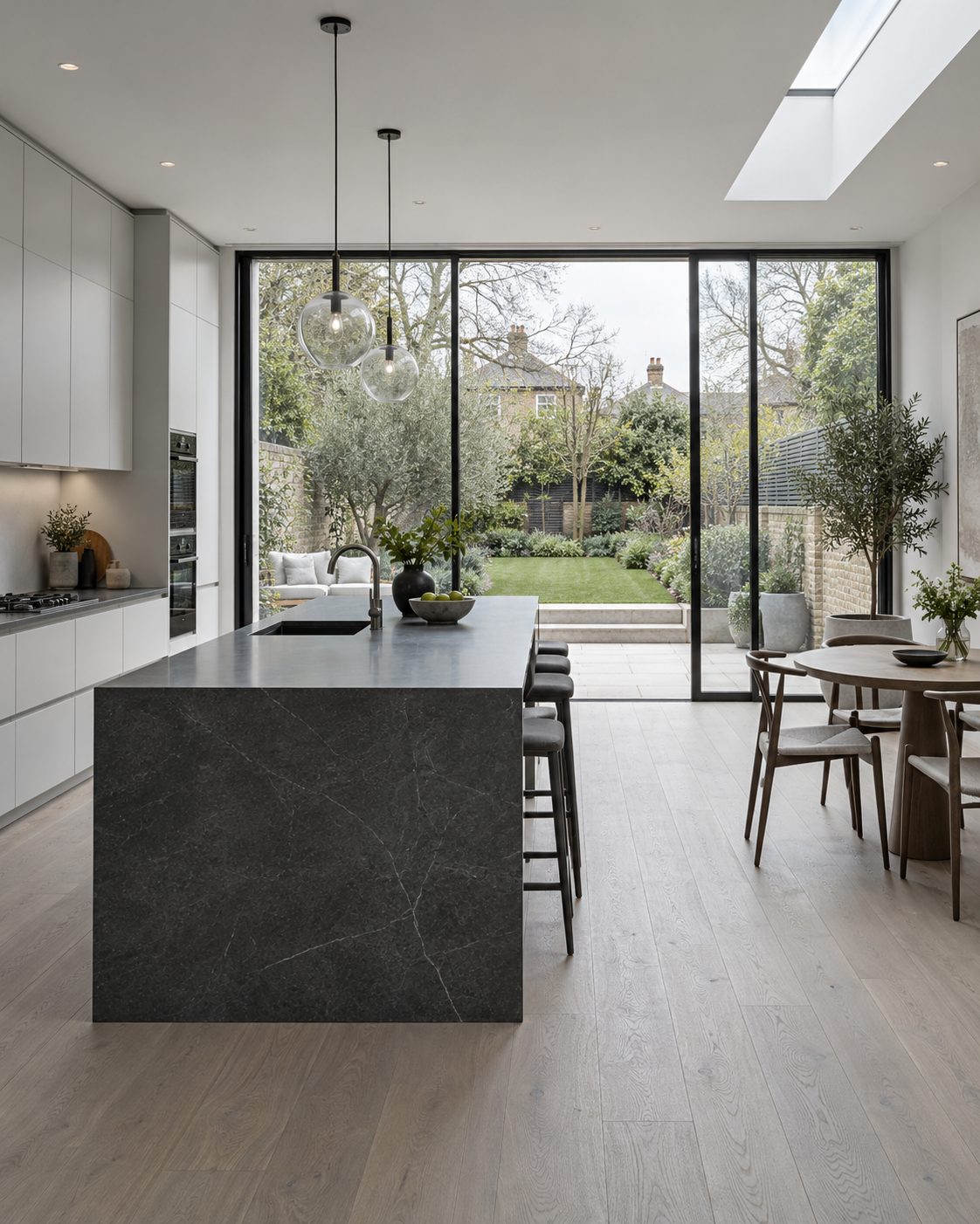 Kitchen extension with a dark stone island, pale cabinetry and full-height glazing to the garden