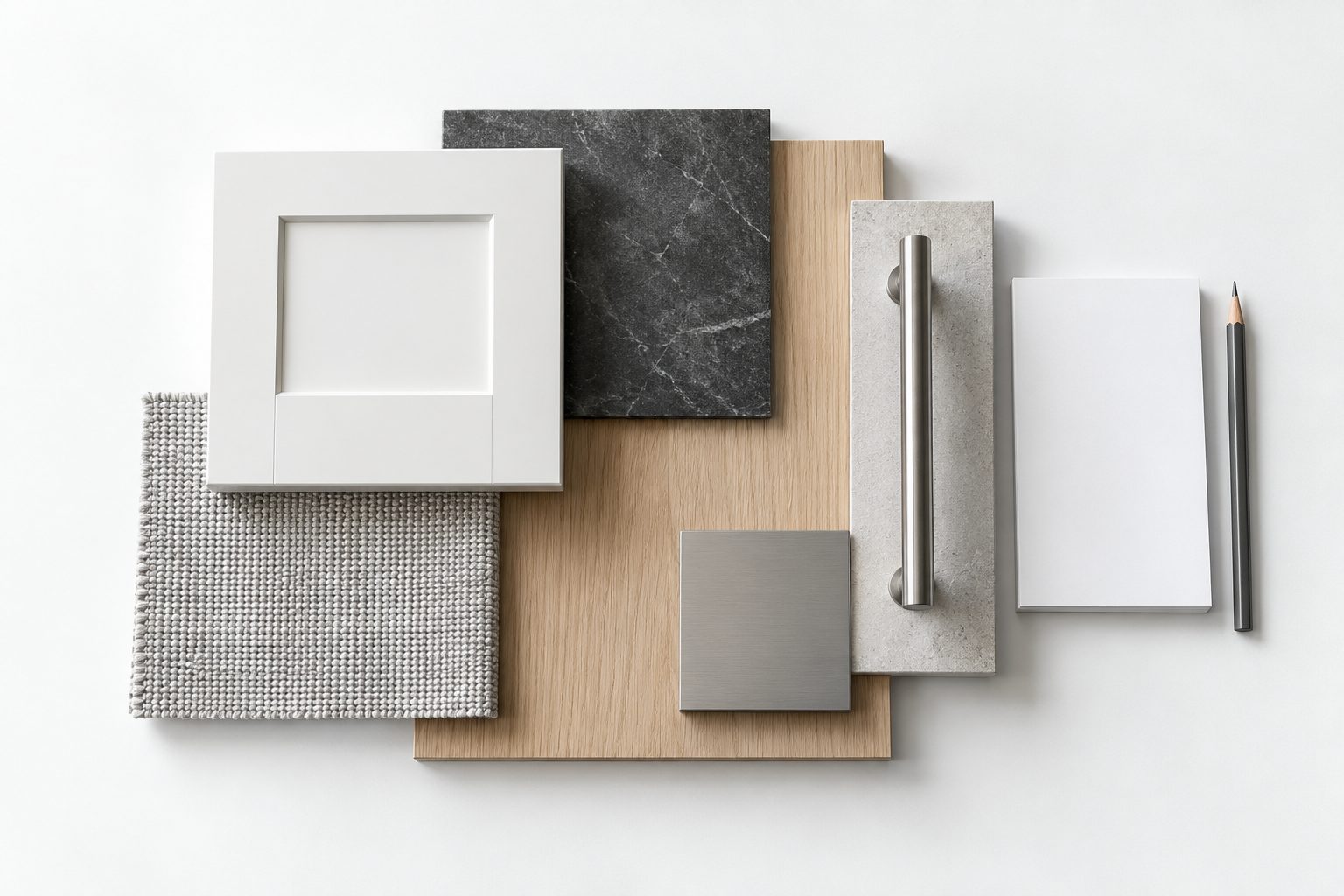 Material samples: a white shaker door, dark stone, pale oak, brushed steel and grey wool