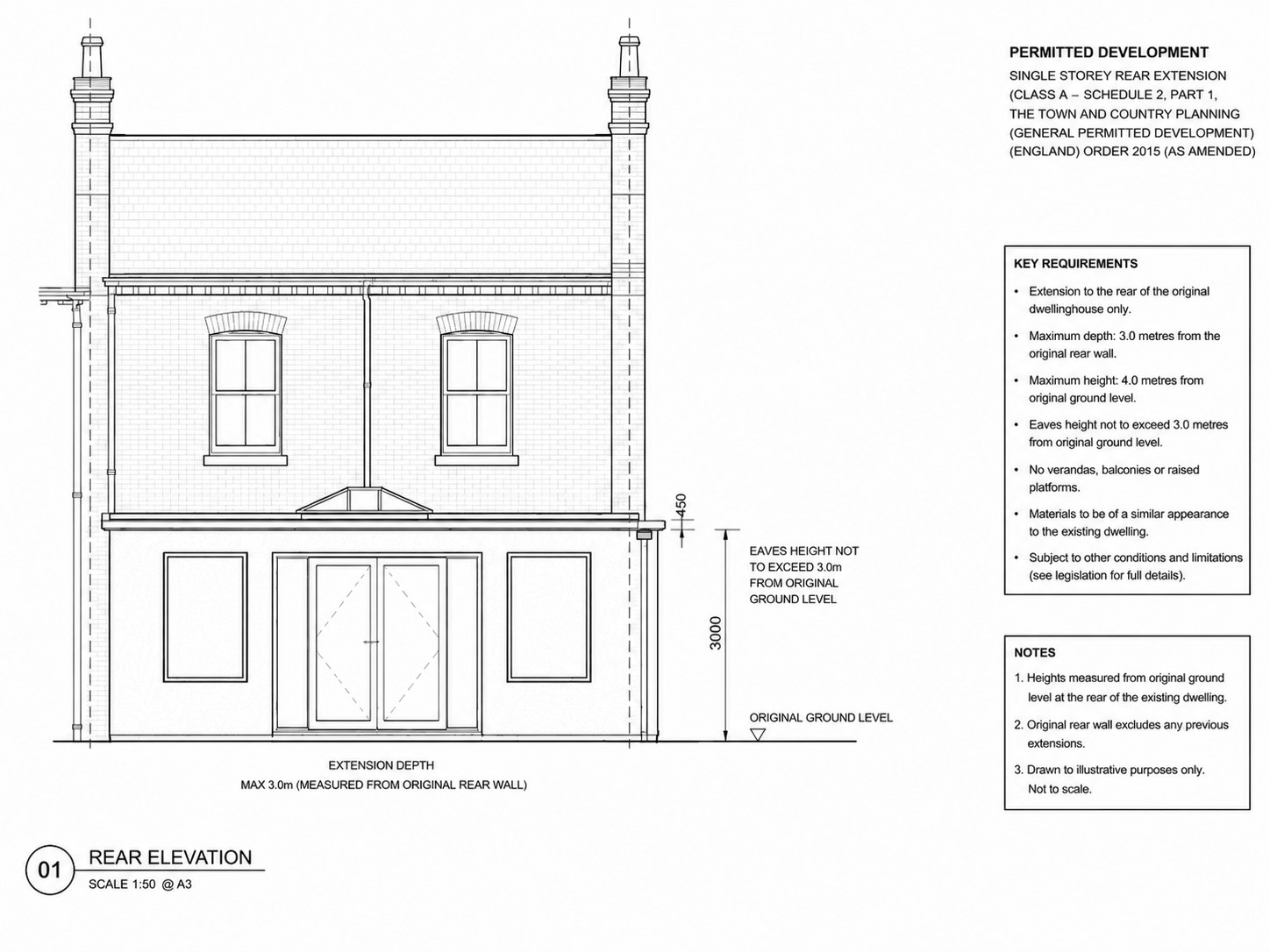 Rear elevation drawing of a single-storey extension checked against permitted development limits: 3 metre depth and 3 metre eaves height