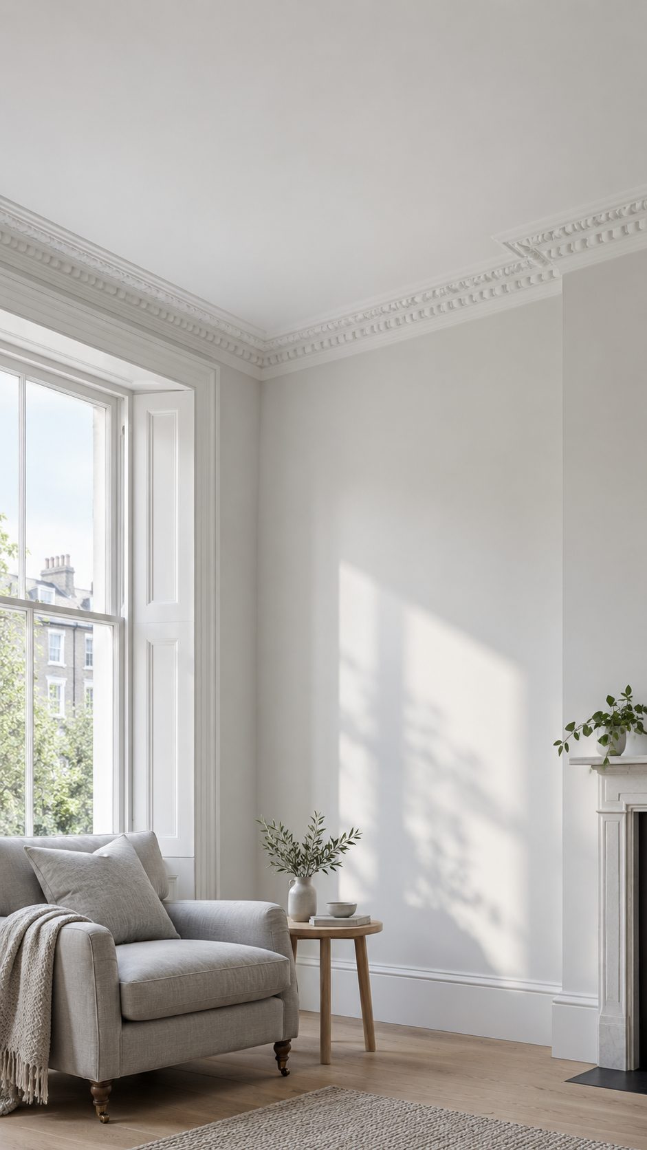 White period front room with ornate cornicing, a sash window, a grey armchair and a marble fireplace