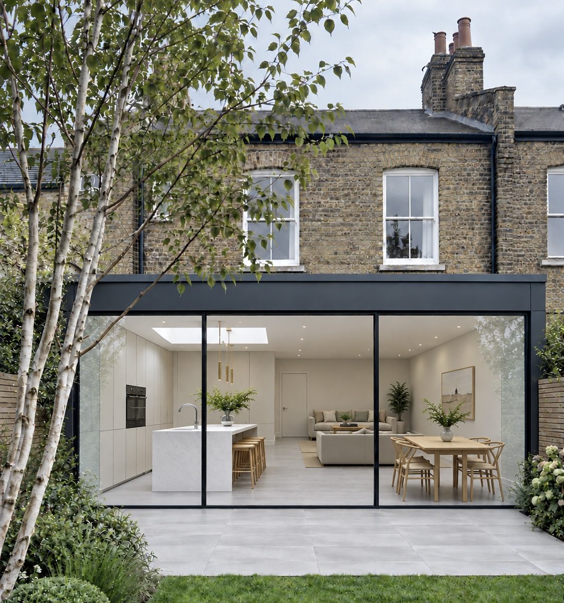Glazed rear extension to a London stock-brick terrace, looking into the kitchen, dining and living space from the garden