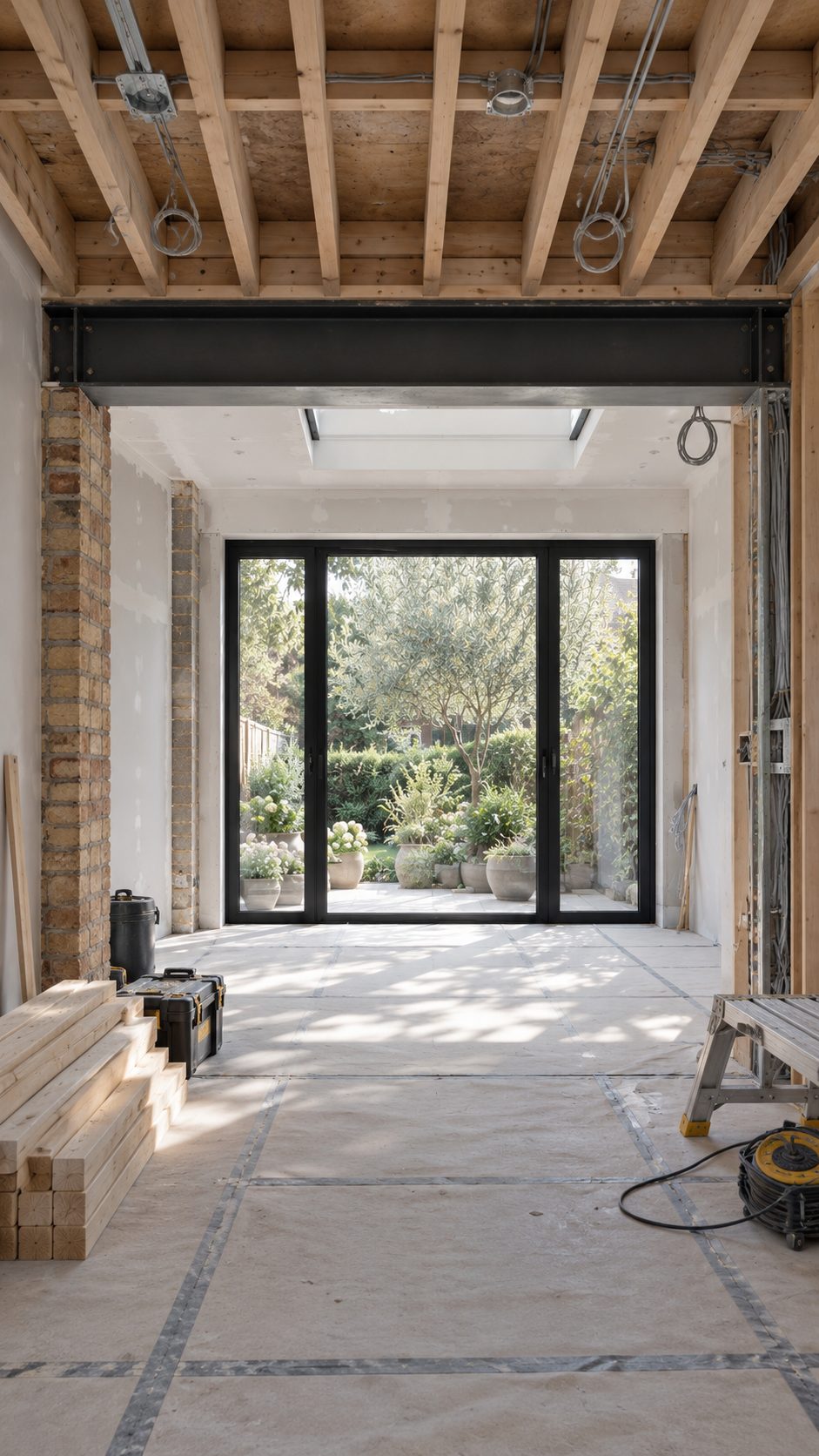 Rear extension under construction with a new steel beam, timber joists and a rooflight opening onto the garden