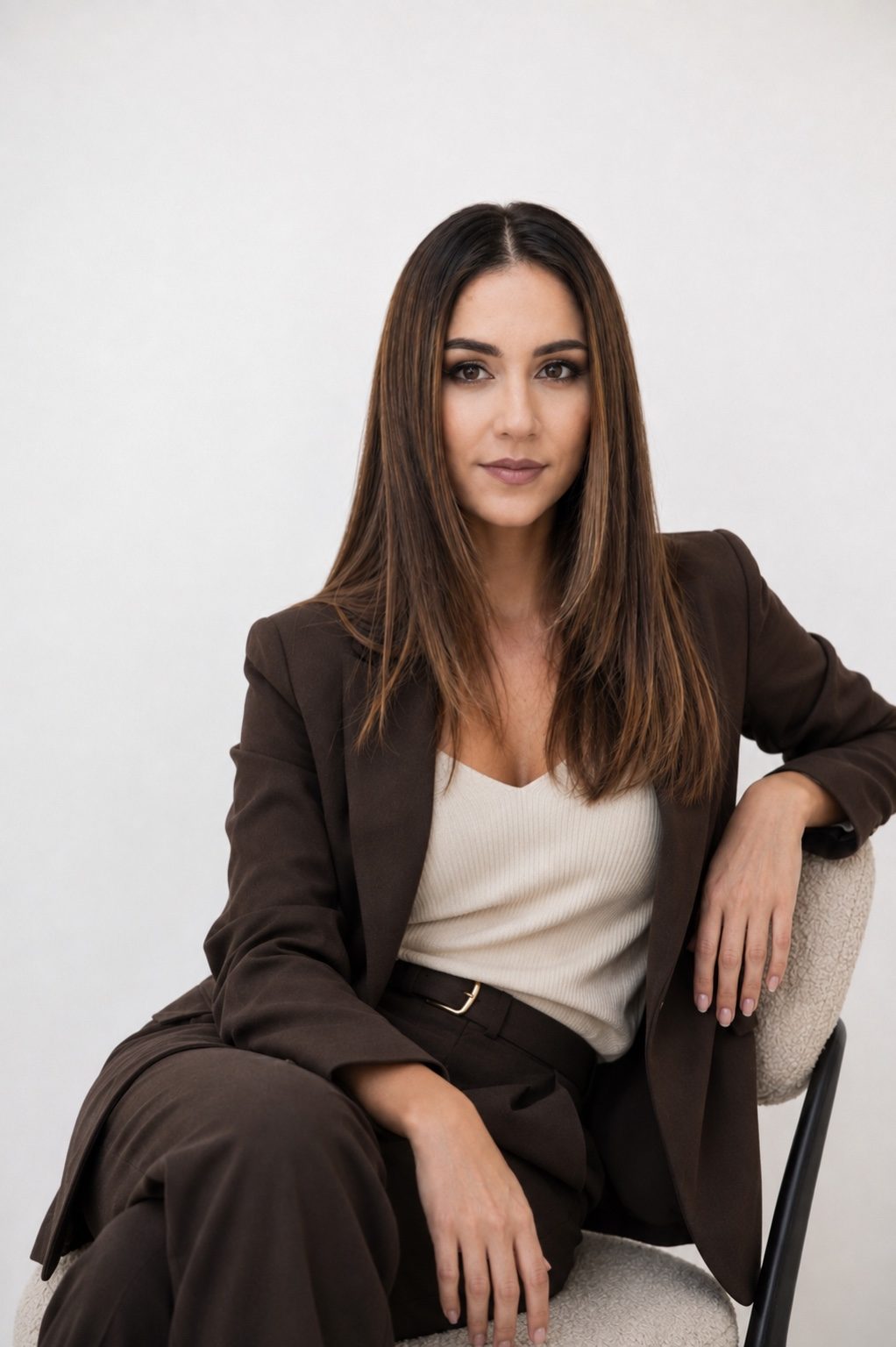Denise, CEO and founder of Denise S Design Studio, seated in a dark brown suit against a pale wall