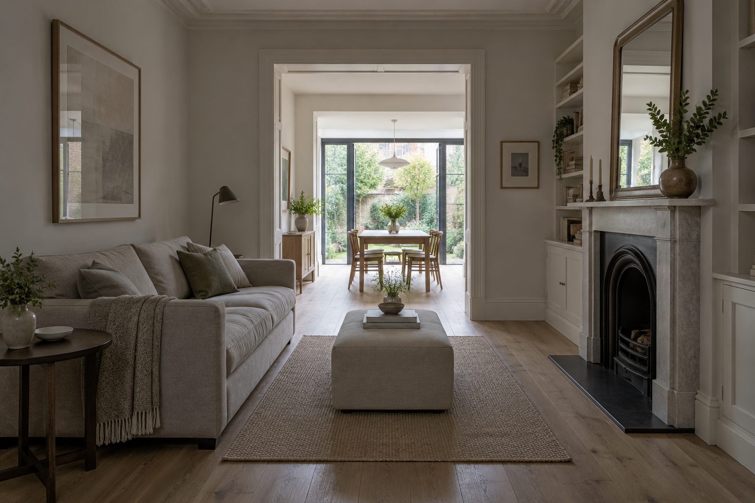 Through living room in a period terrace with a marble fireplace, looking through to the dining room and garden doors